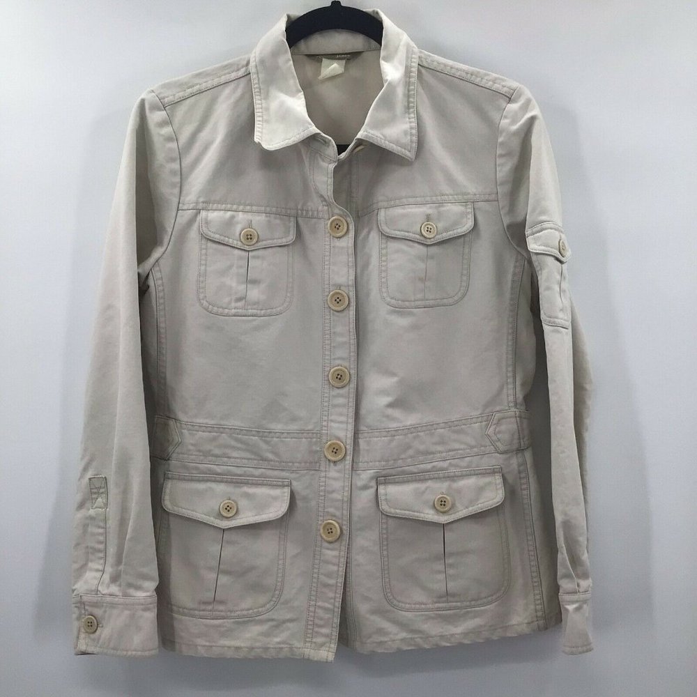 J. Crew Women's SZ M Beige Khaki Cotton Button Up Cargo Chore Jacket